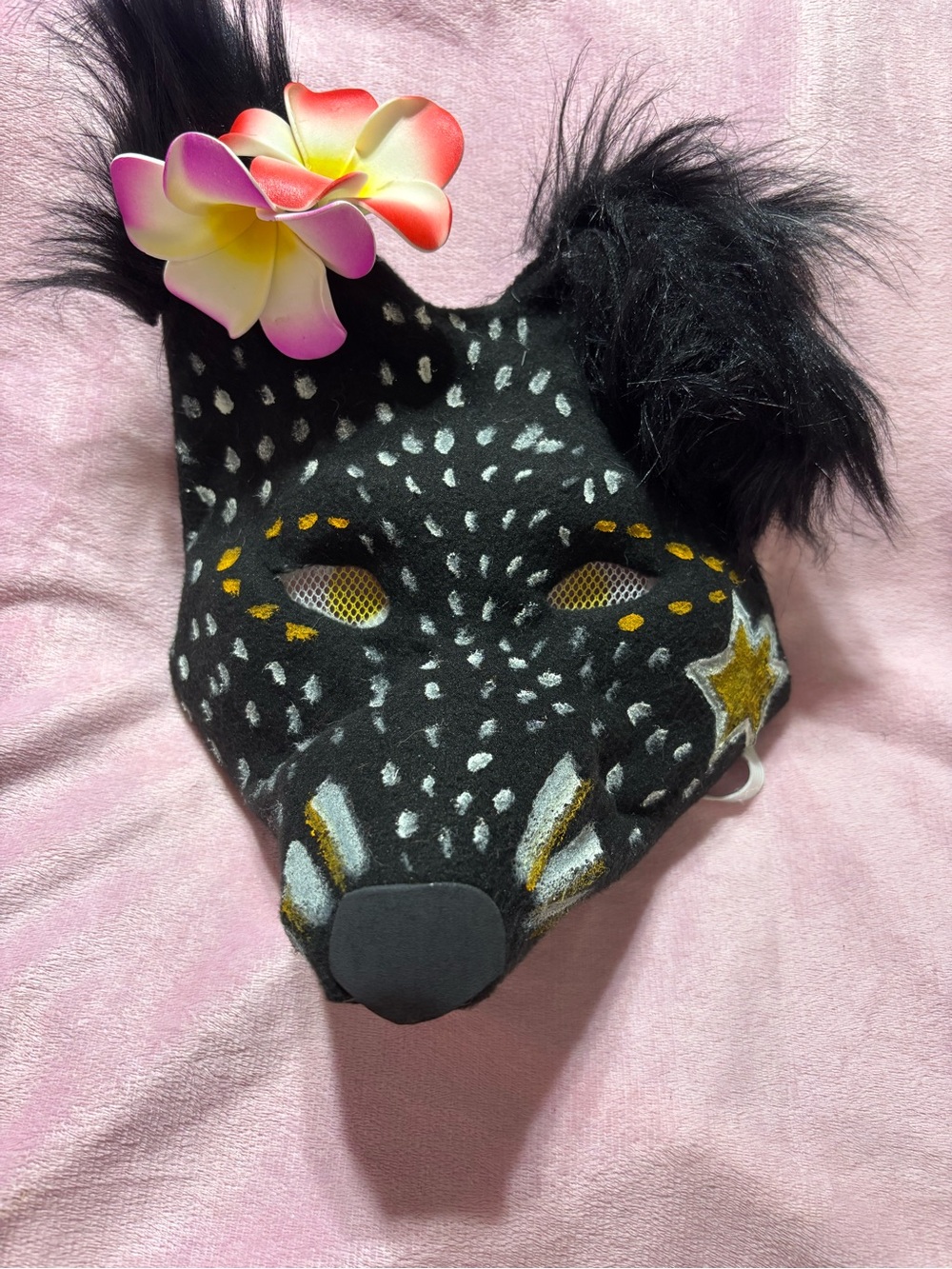 Black Speckled Therian Fox Mask with Floral Accent Clips
